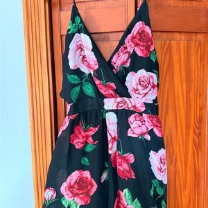 Floral Black V-Neck Romper with Pink Roses